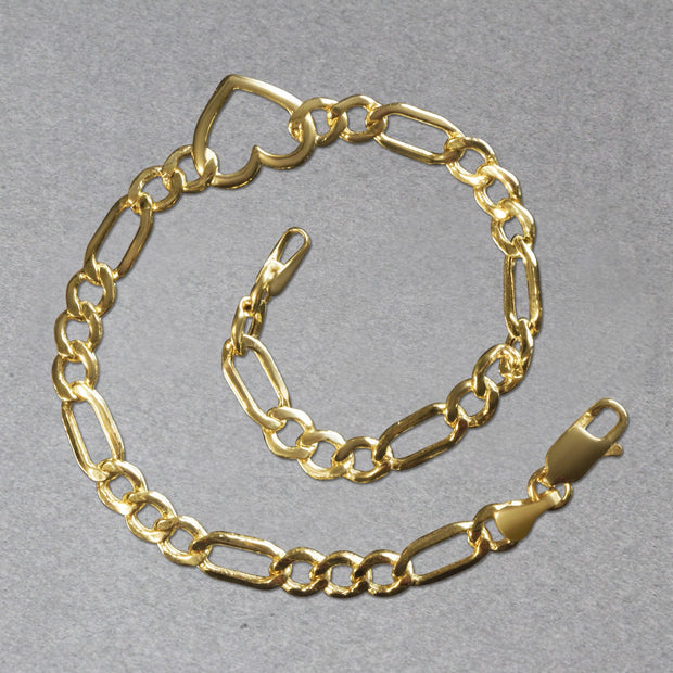 14k Yellow Gold 7 inch Figaro Chain Bracelet with Heart