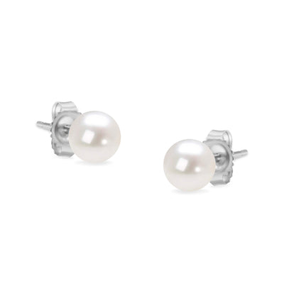 14K White Gold Round White 5.0-5.5MM Saltwater Akoya Cultured Pearl Stud Earrings AAA+ Quality