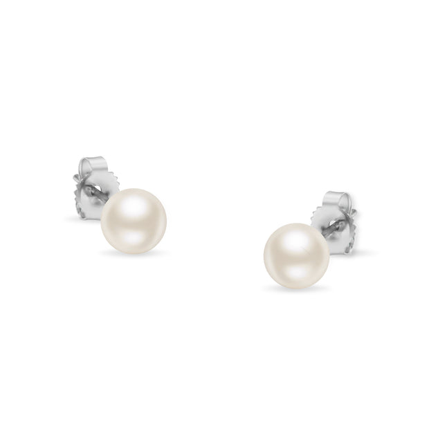 14K White Gold Round White 5.5-6.0MM Saltwater Akoya Cultured Pearl Stud Earrings AAA+ Quality