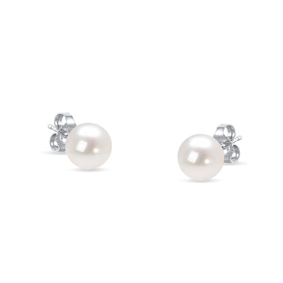 14K White Gold Round White 6.0-6.5MM Saltwater Akoya Cultured Pearl Stud Earrings AAA+ Quality