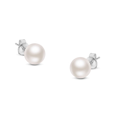 14K White Gold Round White 7.0-7.5MM Saltwater Akoya Cultured Pearl Stud Earrings AAA+ Quality