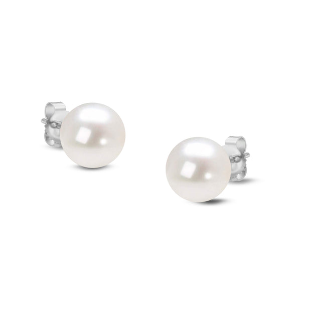 14K White Gold Round White 8.0-8.5MM Freshwater Akoya Cultured Pearl Stud Earrings AAA+ Quality