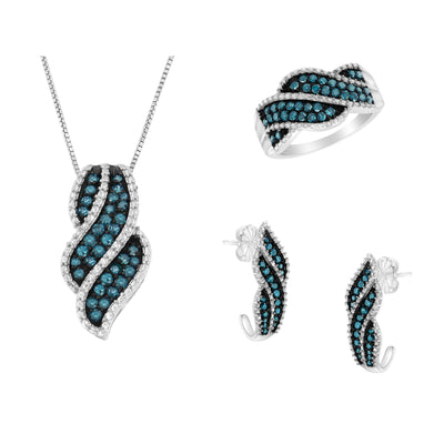 American Jewelry | Rhodium over .925 Sterling Silver 1-1/2 Cttw Blue Diamond Pavé Ring, 18" Pendant Necklace, & Earrings Set (Enhanced Color, I1-I2 Clarity) - Size 6-3/4