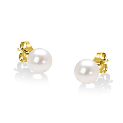 14K Yellow Gold Round White 6.5-7.0MM Saltwater Akoya Cultured Pearl Stud Earrings AAA+ Quality