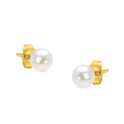 14K Yellow Gold Round White 5.0-5.5MM Saltwater Akoya Cultured Pearl Stud Earrings AAA+ Quality