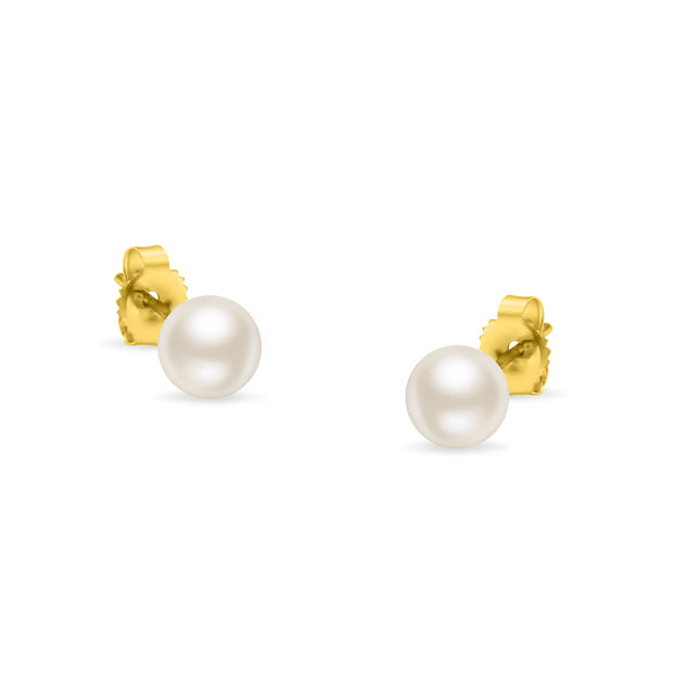 14K Yellow Gold Round White 5.5-6.0MM Saltwater Akoya Cultured Pearl Stud Earrings AAA+ Quality