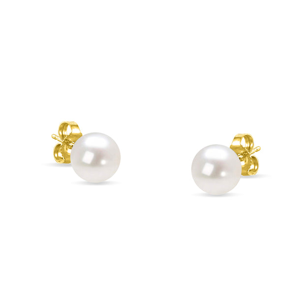 14K Yellow Gold Round White 6.0-6.5MM Saltwater Akoya Cultured Pearl Stud Earrings AAA+ Quality