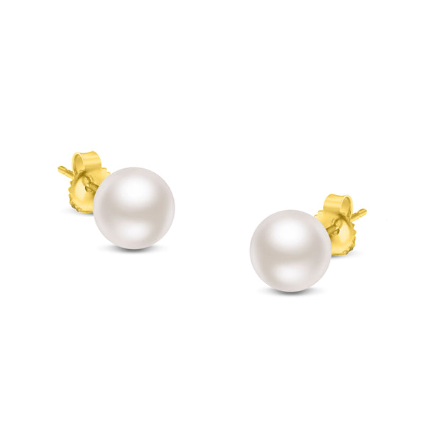 14K Yellow Gold Round White 7.0-7.5MM Saltwater Akoya Cultured Pearl Stud Earrings AAA+ Quality
