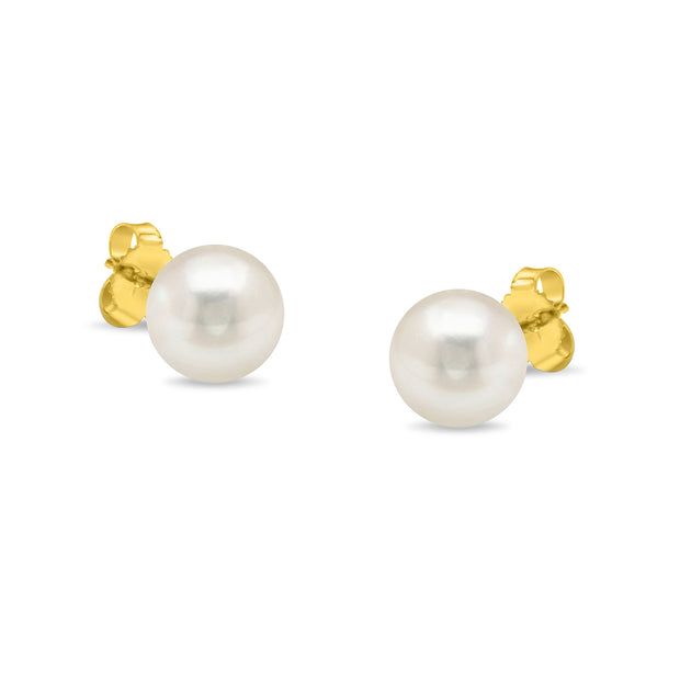 14K Yellow Gold Round White 7.5-8.0MM Saltwater Akoya Cultured Pearl Stud Earrings AAA+ Quality