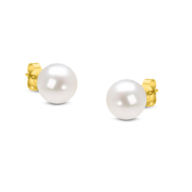 14K Yellow Gold Round White 8.0-8.5MM Saltwater Akoya Cultured Pearl Stud Earrings AAA+ Quality