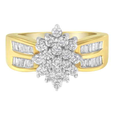 10K Yellow Gold 1.0 Cttw Round & Baguette Cut Diamond Floral Cluster Double-Channel Flared Band Statement Ring (H-I Color, SI2-I1 Clarity) - Size 6