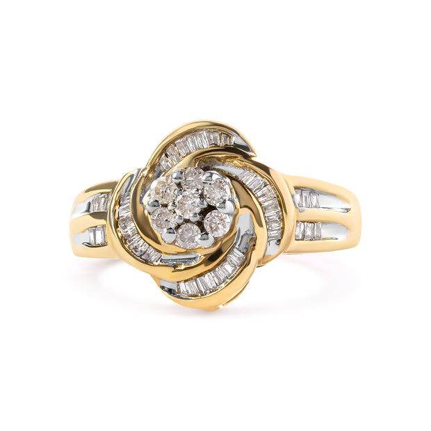 10K Yellow Gold 1/2 Cttw Round and Baguette Diamond Flower Swirl Cocktail Ring (I-J Color, SI2-I1 Clarity) - Ring Size 7