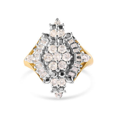 10K Yellow Gold 1 Cttw Round and Baguette cut Diamond Cluster and Rhombus Halo Ring (H-I Color, I1-I2 Clarity) - Ring Size 7