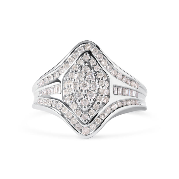 14K White Gold 3/4 Cttw Round and Baguette cut Diamond Cluster Ring (H-I Color, I1-I2 Clarity)