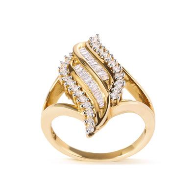 10K Yellow Gold 1/2 Cttw Round and Baguette Cut Diamond Cocktail Ring (H-I Color, I1-I2 Clarity)