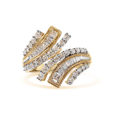 10K Yellow Gold 1.0 Cttw Round and Baguette Diamond Woven Bypass Ring (H-I,I1-I2) - Ring Size 7