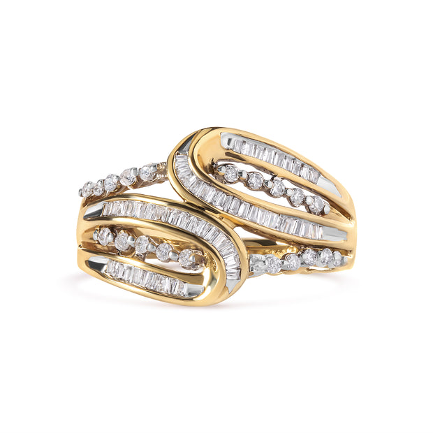 10K Yellow Gold 1/2 Cttw Round and Baguette cut Diamond Open Space Bypass Ring (H-I Color, SI2-I1 Clarity) - Ring Size 7