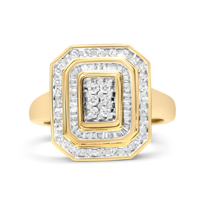 10K Yellow Gold 1.0 Cttw Diamond Vintage Inspired Baguette-Cut Double Halo Emerald-Shaped Frame Cocktail Ring (I-J Color, I1-I2 Clarity) - Size 7