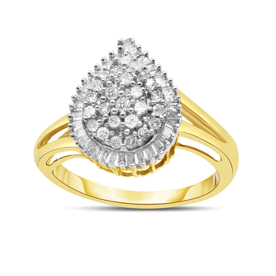 10K Yellow Gold 1/2 Cttw Round and Baguette-Cut Diamond Pear Ring (I-J Color, I1-I2 Clarity) - Size 7