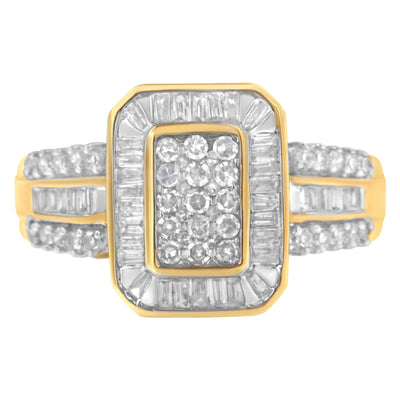 10K Yellow Gold Round and Baguette-Cut Diamond Cluster Ring (1.0 Cttw, I-J Color, SI1-SI2 Clarity) - Size 8