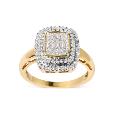 10K Yellow Gold 1/2 cttw Round and Princess Diamond Composite Head and Halo Ring (H-I Color, SI1-SI2 Clarity) - Ring Size 7