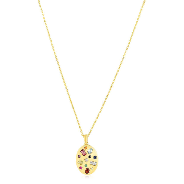 14k Yellow Gold High Polish Oval Gemstone Inlay Necklace