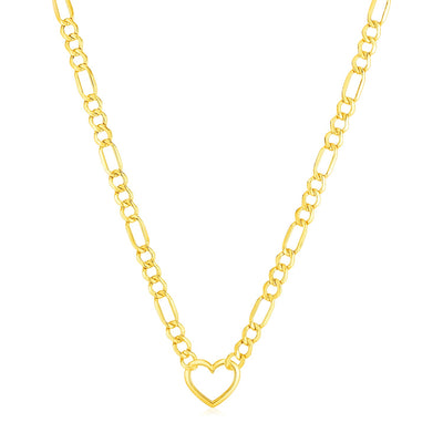 14k Yellow Gold Figaro Chain Necklace with Heart