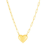 14k Yellow Gold Paperclip Chain Necklace with Puffed Heart