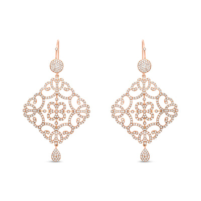 18K Rose Gold 3 1/4 Cttw Round Diamond Openwork Filigree Dangle Earring (H-I Color, SI1-SI2 Clarity)