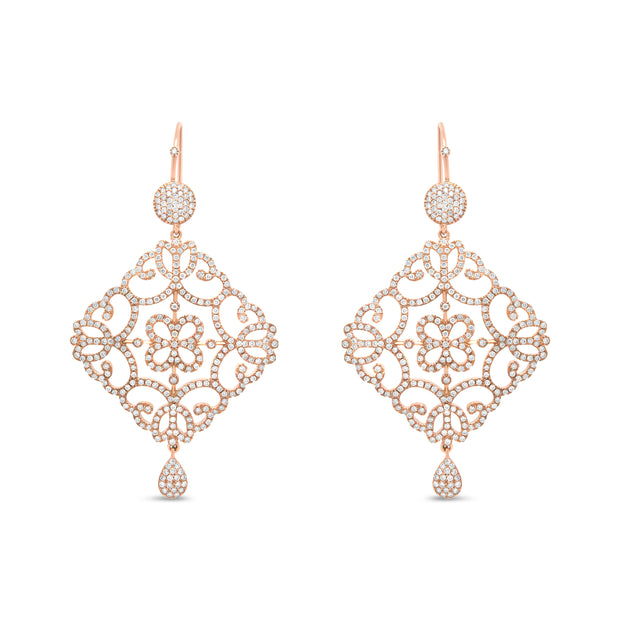18K Rose Gold 3 1/4 Cttw Round Diamond Openwork Filigree Dangle Earring (H-I Color, SI1-SI2 Clarity)