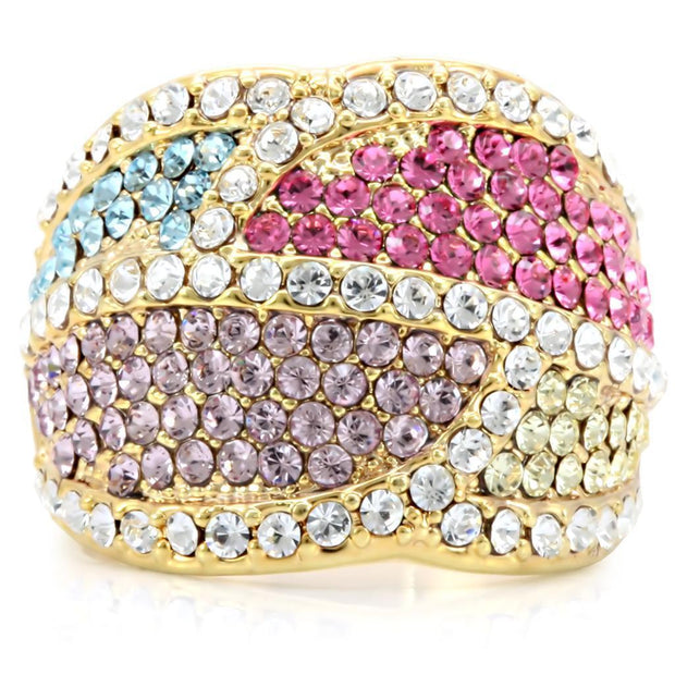 1W053 - Gold Brass Ring with Top Grade Crystal  in Multi Color