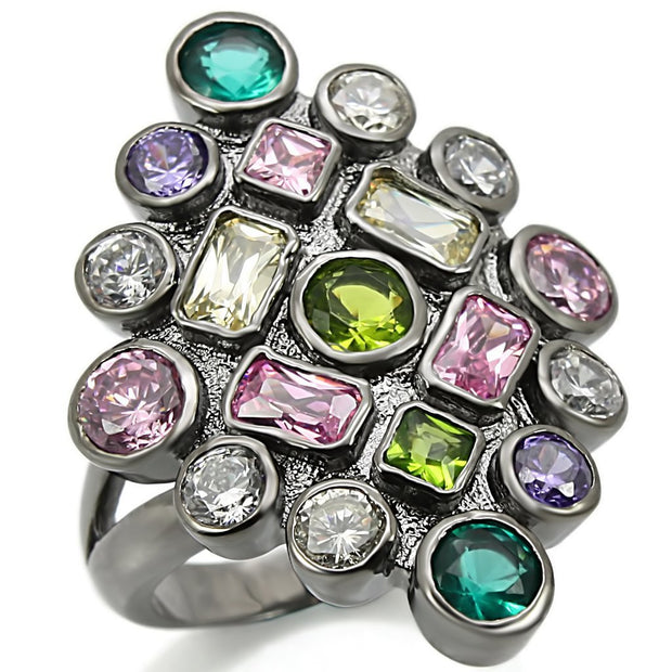0W297 - Ruthenium Brass Ring with AAA Grade CZ  in Multi Color