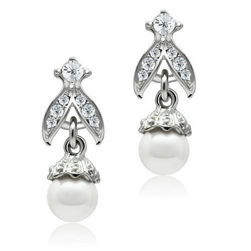 LO1988 - Rhodium White Metal Earrings with Synthetic Pearl in White
