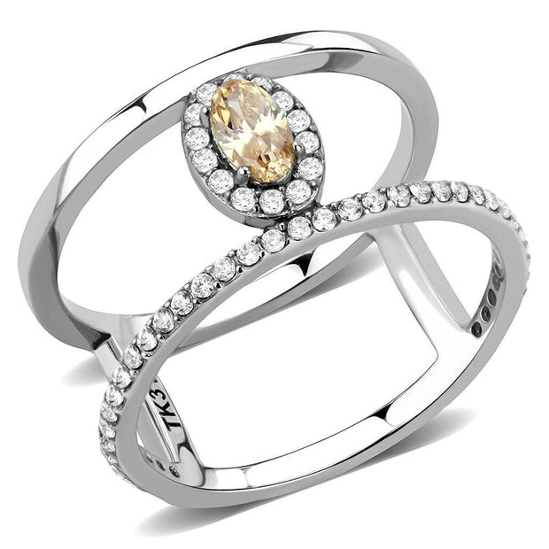 DA352 - High polished (no plating) Stainless Steel Ring with AAA Grade CZ  in Champagne