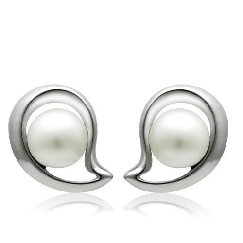 LO1976 - Rhodium White Metal Earrings with Synthetic Pearl in White