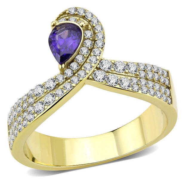 DA304 - IP Gold(Ion Plating) Stainless Steel Ring with AAA Grade CZ  in Tanzanite