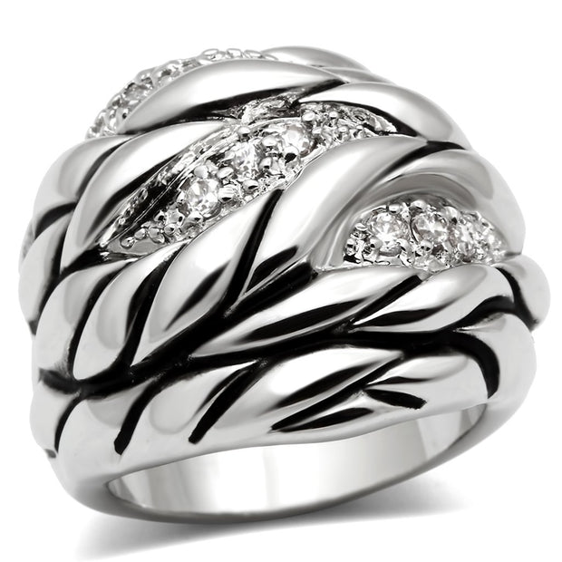 3W231 - Rhodium Brass Ring with AAA Grade CZ  in Clear