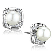 3W678 - Rhodium Brass Earrings with Synthetic Pearl in White