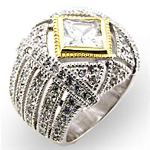 32827 - Reverse Two-Tone 925 Sterling Silver Ring with AAA Grade CZ  in Clear