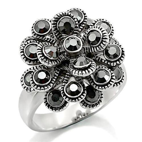 0W301 - Rhodium Brass Ring with Top Grade Crystal  in Jet