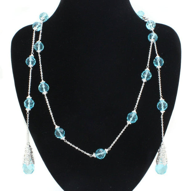 LO1714 - Rhodium White Metal Necklace with Synthetic Glass Bead in Sea Blue
