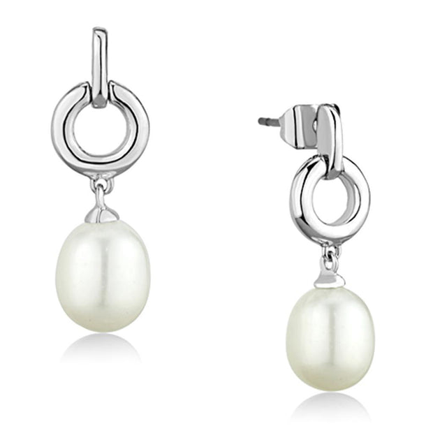 3W684 - Rhodium Brass Earrings with Synthetic Pearl in White