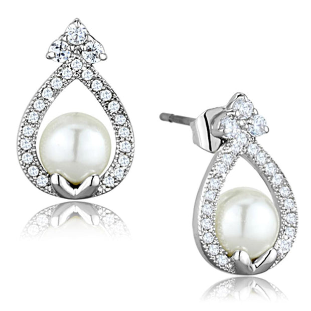 3W665 - Rhodium Brass Earrings with Synthetic Pearl in White