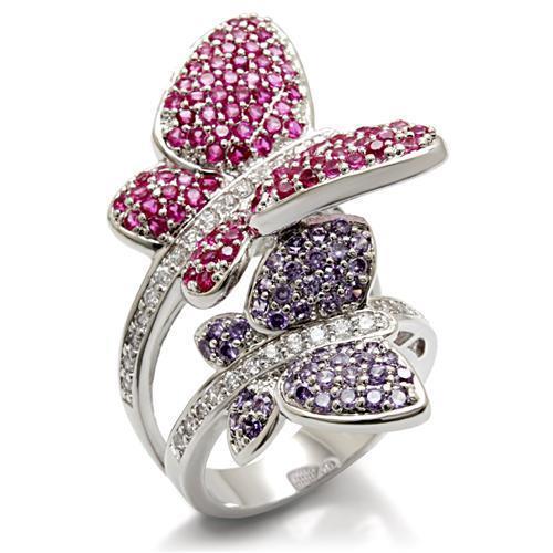 LO1601 - Rhodium Brass Ring with AAA Grade CZ  in Multi Color