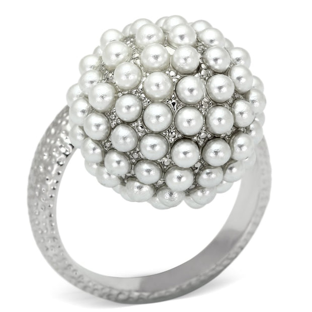 LOA831 - Rhodium Brass Ring with Synthetic Pearl in White