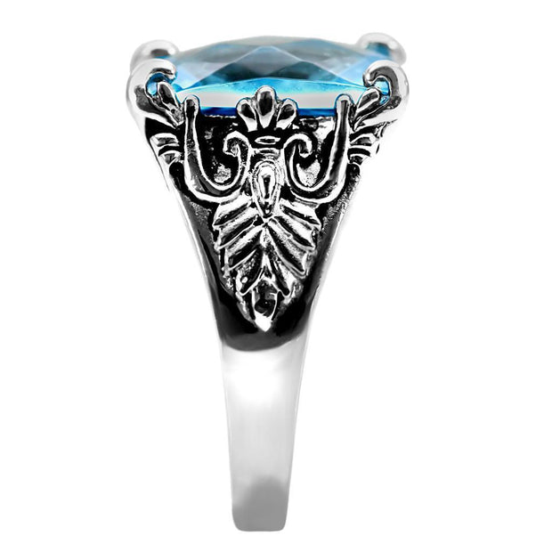 TK021 - High polished (no plating) Stainless Steel Ring with Synthetic Synthetic Glass in Sea Blue