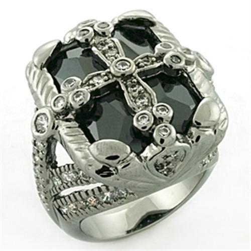 LOA708 - Rhodium + Ruthenium Brass Ring with AAA Grade CZ  in Jet