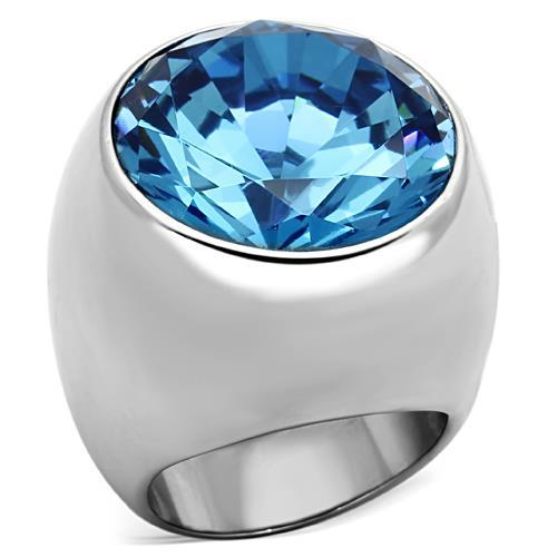 TK1367 - High polished (no plating) Stainless Steel Ring with Synthetic Synthetic Glass in Sea Blue