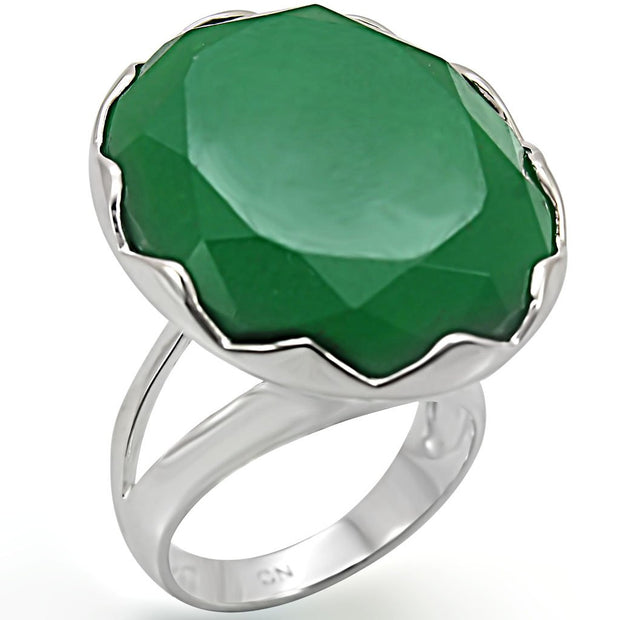 LOS387 - Silver 925 Sterling Silver Ring with Synthetic Jade in Emerald