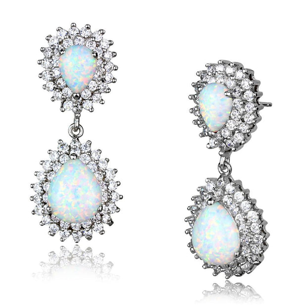 LOS879 - Rhodium 925 Sterling Silver Earrings with Semi-Precious Opal in Aurora Borealis (Rainbow Effect)